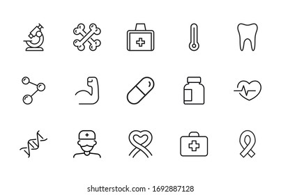 Stroke Line Icons Set Of Healthcare. Simple Symbols For App Development And Website Design. Vector Outline Pictograms Isolated On A White Background. Pack Of Stroke Icons. 
