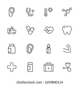 Stroke line icons set of healthcare. Simple symbols for app development and website design. Vector outline pictograms isolated on a white background. Pack of stroke icons. 
