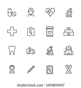 Stroke Line Icons Set Of Healthcare. Simple Symbols For App Development And Website Design. Vector Outline Pictograms Isolated On A White Background. Pack Of Stroke Icons. 
