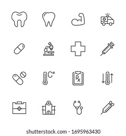 Stroke line icons set of healthcare. Simple symbols for app development and website design. Vector outline pictograms isolated on a white background. Pack of stroke icons. 
