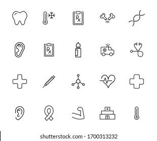 Stroke line icons set of healthcare. Simple symbols for app development and website design. Vector outline pictograms isolated on a white background. Pack of stroke icons. 
