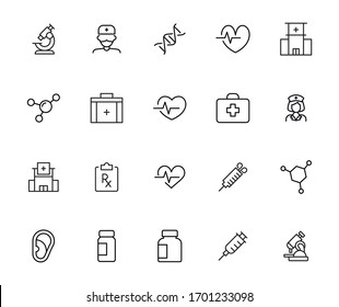 Stroke line icons set of healthcare. Simple symbols for app development and website design. Vector outline pictograms isolated on a white background. Pack of stroke icons. 
