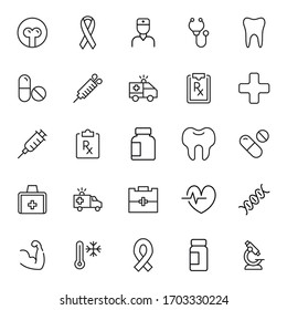Stroke line icons set of healthcare. Simple symbols for app development and website design. Vector outline pictograms isolated on a white background. Pack of stroke icons. 
