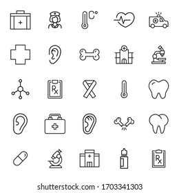 Stroke line icons set of healthcare. Simple symbols for app development and website design. Vector outline pictograms isolated on a white background. Pack of stroke icons. 
