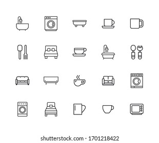 Iconos de línea de trazo conjunto de cosas domésticas. Símbolos simples para el desarrollo de aplicaciones y el diseño de sitios web. Pictogramas de contorno vectorial aislados en un fondo blanco. Paquete de iconos de trazo. 