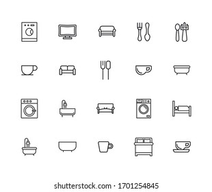 Stroke line icons set of home stuff. Simple symbols for app development and website design. Vector outline pictograms isolated on a white background. Pack of stroke icons. 