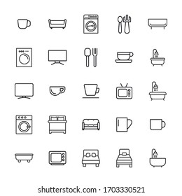 Iconos de línea de trazo conjunto de cosas domésticas. Símbolos simples para el desarrollo de aplicaciones y el diseño de sitios web. Pictogramas de contorno vectorial aislados en un fondo blanco. Paquete de iconos de trazo. 