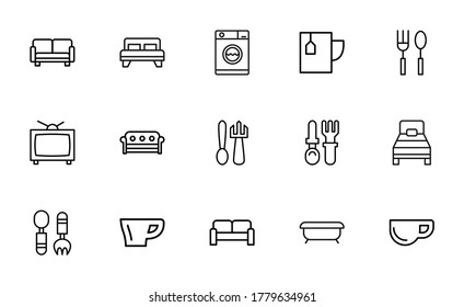 Stroke line icons set of home stuff. Simple symbols for app development and website design. Vector outline pictograms isolated on a white background. Pack of stroke icons.