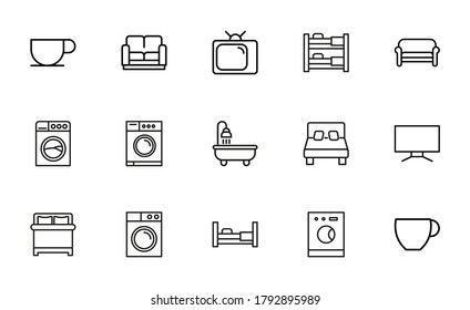 Stroke line icons set of home stuff. Simple symbols for app development and website design. Vector outline pictograms isolated on a white background. Pack of stroke icons.
