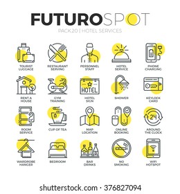 Stroke line icons set of hotel accommodation services, house amenities. Modern flat linear pictogram concept. Premium quality outline symbol collection. Simple vector material design of web graphics.