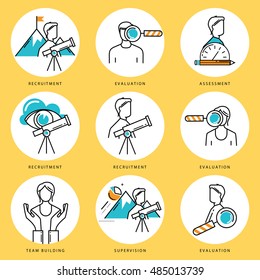 Stroke line icons set for job recruitment and evaluation. Corporate management flat linear pictogram pack. Team building and assessment outline symbol collection and infographic elements vector design