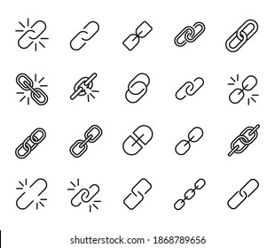 Stroke line icons set of link. Simple symbols for app development and website design. Vector outline pictograms isolated on a white background. Pack of stroke icons.