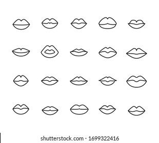 Stroke line icons set of lips. Simple symbols for app development and website design. Vector outline pictograms isolated on a white background. Pack of stroke icons. 