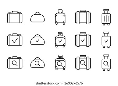 Stroke line icons set of luggage. Simple symbols for app development and website design. Vector outline pictograms isolated on a white background. Pack of stroke icons. 