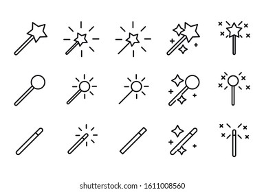 Stroke line icons set of magic wand. Simple symbols for app development and website design. Vector outline pictograms isolated on a white background. Pack of stroke icons. 