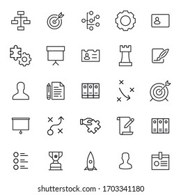 Stroke line icons set of management. Simple symbols for app development and website design. Vector outline pictograms isolated on a white background. Pack of stroke icons. 