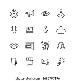 Conjunto de iconos de línea de trazo de marketing. Símbolos simples para el desarrollo de aplicaciones y el diseño de sitios web. Pictogramas de contorno vectorial aislados en un fondo blanco. Paquete de iconos de trazo. 