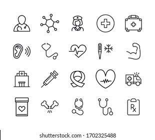 Stroke line icons set of medical. Simple symbols for app development and website design. Vector outline pictograms isolated on a white background. Pack of stroke icons. 