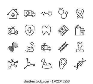 Iconos de línea de trazo conjunto de médicos. Símbolos simples para el desarrollo de aplicaciones y el diseño de sitios web. Pictogramas de contorno vectorial aislados en un fondo blanco. Paquete de iconos de trazo. 