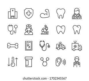 Stroke line icons set of medical. Simple symbols for app development and website design. Vector outline pictograms isolated on a white background. Pack of stroke icons. 