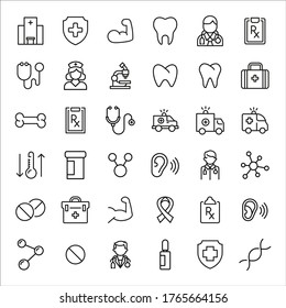 Stroke line icons set of medical. Simple symbols for app development and website design. Vector outline pictograms isolated on a white background. Pack of stroke icons. 