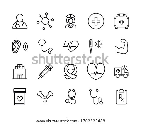 Stroke line icons set of medical. Simple symbols for app development and website design. Vector outline pictograms isolated on a white background. Pack of stroke icons. 
