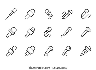 Stroke line icons set of microphone. Simple symbols for app development and website design. Vector outline pictograms isolated on a white background. Pack of stroke icons. 