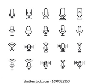 Stroke Line Icons Set Of Microphone. Simple Symbols For App Development And Website Design. Vector Outline Pictograms Isolated On A White Background. Pack Of Stroke Icons. 