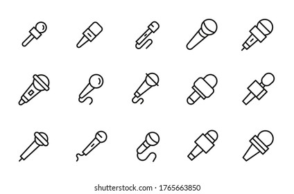 Stroke line icons set of microphone. Simple symbols for app development and website design. Vector outline pictograms isolated on a white background. Pack of stroke icons.