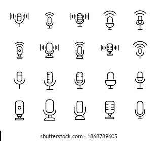 Stroke line icons set of microphone. Simple symbols for app development and website design. Vector outline pictograms isolated on a white background. Pack of stroke icons.