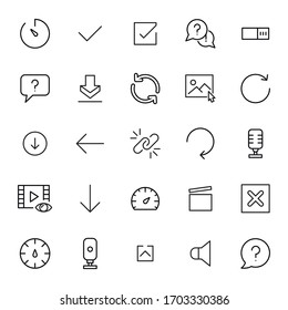 Ziehen Sie die Zeilensymbole einer Reihe verschiedener Symbole in den Schlagzeilen. Einfache Symbole für die App-Entwicklung und das Webdesign. Vektorillustration umreißt Piktogramme einzeln auf weißem Hintergrund. Paket mit Strichsymbolen. 