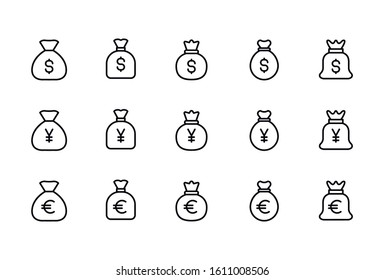 Stroke line icons set of money bag. Simple symbols for app development and website design. Vector outline pictograms isolated on a white background. Pack of stroke icons. 