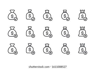 Stroke line icons set of money bag. Simple symbols for app development and website design. Vector outline pictograms isolated on a white background. Pack of stroke icons. 