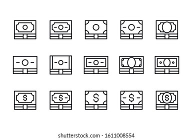 Stroke line icons set of money. Simple symbols for app development and website design. Vector outline pictograms isolated on a white background. Pack of stroke icons. 