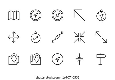 Stroke line icons set of navigation. Simple symbols for app development and website design. Vector outline pictograms isolated on a white background. Pack of stroke icons. 