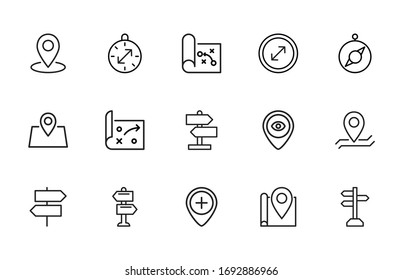 Conjunto de iconos de línea de trazo de navegación. Símbolos simples para el desarrollo de aplicaciones y el diseño de sitios web. Pictogramas de contorno vectorial aislados en un fondo blanco. Paquete de iconos de trazo. 