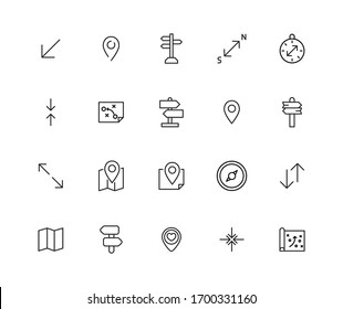 Stroke line icons set of navigation. Simple symbols for app development and website design. Vector outline pictograms isolated on a white background. Pack of stroke icons. 