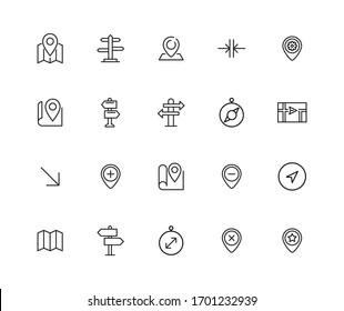 Conjunto de iconos de línea de trazo de navegación. Símbolos simples para el desarrollo de aplicaciones y el diseño de sitios web. Pictogramas de contorno vectorial aislados en un fondo blanco. Paquete de iconos de trazo. 