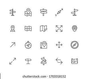 Conjunto de iconos de línea de trazo de navegación. Símbolos simples para el desarrollo de aplicaciones y el diseño de sitios web. Pictogramas de contorno vectorial aislados en un fondo blanco. Paquete de iconos de trazo. 