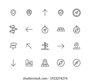 Stroke line icons set of navigation. Simple symbols for app development and website design. Vector outline pictograms isolated on a white background. Pack of stroke icons.