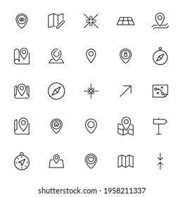 Stroke line icons set of navigation. Simple symbols for app development and website design. Vector outline pictograms isolated on a white background. Pack of stroke icons.