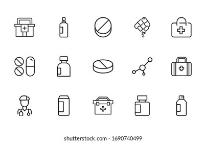 Iconos de línea de trazo conjunto de farmacia. Símbolos simples para el desarrollo de aplicaciones y el diseño de sitios web. Pictogramas de contorno vectorial aislados en un fondo blanco. Paquete de iconos de trazo. 
