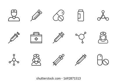 Stroke line icons set of pharmacy. Simple symbols for app development and website design. Vector outline pictograms isolated on a white background. Pack of stroke icons. 