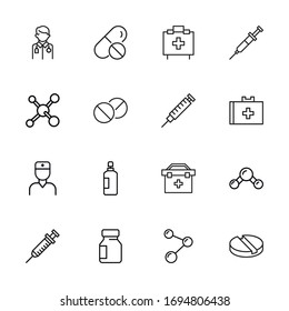 Iconos de línea de trazo conjunto de farmacia. Símbolos simples para el desarrollo de aplicaciones y el diseño de sitios web. Pictogramas de contorno vectorial aislados en un fondo blanco. Paquete de iconos de trazo. 