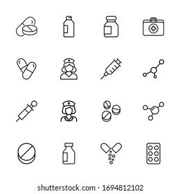 Iconos de línea de trazo conjunto de farmacia. Símbolos simples para el desarrollo de aplicaciones y el diseño de sitios web. Pictogramas de contorno vectorial aislados en un fondo blanco. Paquete de iconos de trazo. 