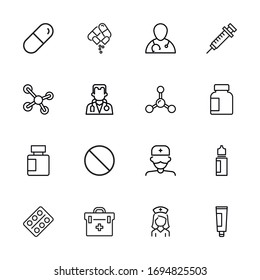 Stroke line icons set of pharmacy. Simple symbols for app development and website design. Vector outline pictograms isolated on a white background. Pack of stroke icons. 