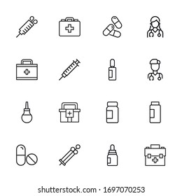 Stroke line icons set of pharmacy. Simple symbols for app development and website design. Vector outline pictograms isolated on a white background. Pack of stroke icons. 