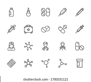 Stroke line icons set of pharmacy. Simple symbols for app development and website design. Vector outline pictograms isolated on a white background. Pack of stroke icons. 