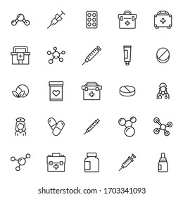 Stroke line icons set of pharmacy. Simple symbols for app development and website design. Vector outline pictograms isolated on a white background. Pack of stroke icons. 
