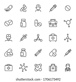 Schlagt den Satz der Symbole der Apotheke. Einfache Symbole für die App-Entwicklung und das Webdesign. Vektorillustration umreißt Piktogramme einzeln auf weißem Hintergrund. Paket mit Strichsymbolen. 